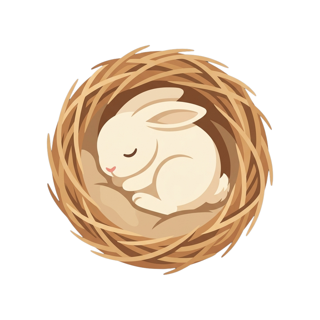 A small white rabbit curled up peacefully inside a round straw nest