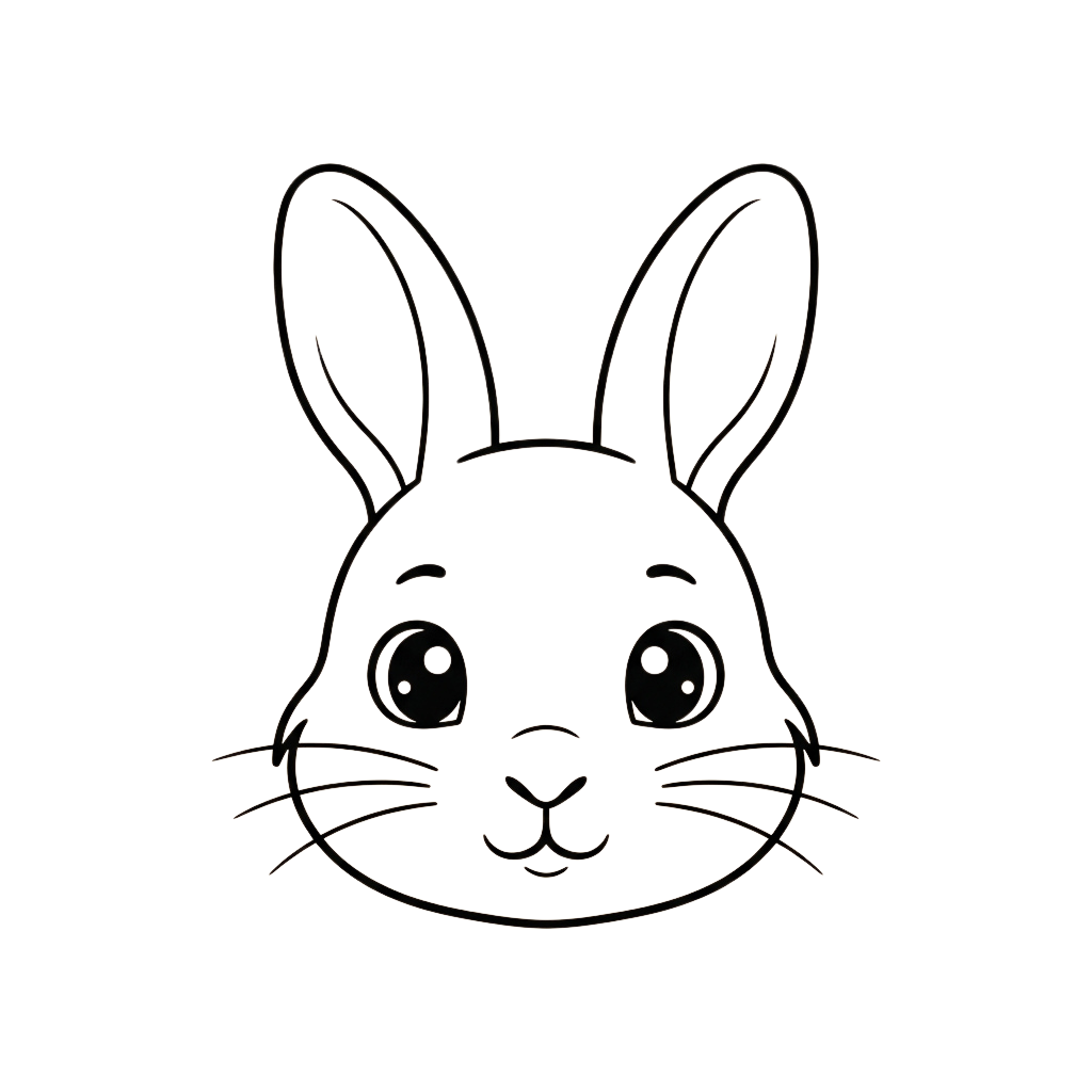 A minimalist line drawing of a cartoon rabbit face with large ears, eyes, and whiskers