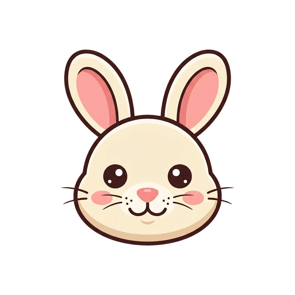 A friendly cartoon rabbit face with large ears and a soft expression