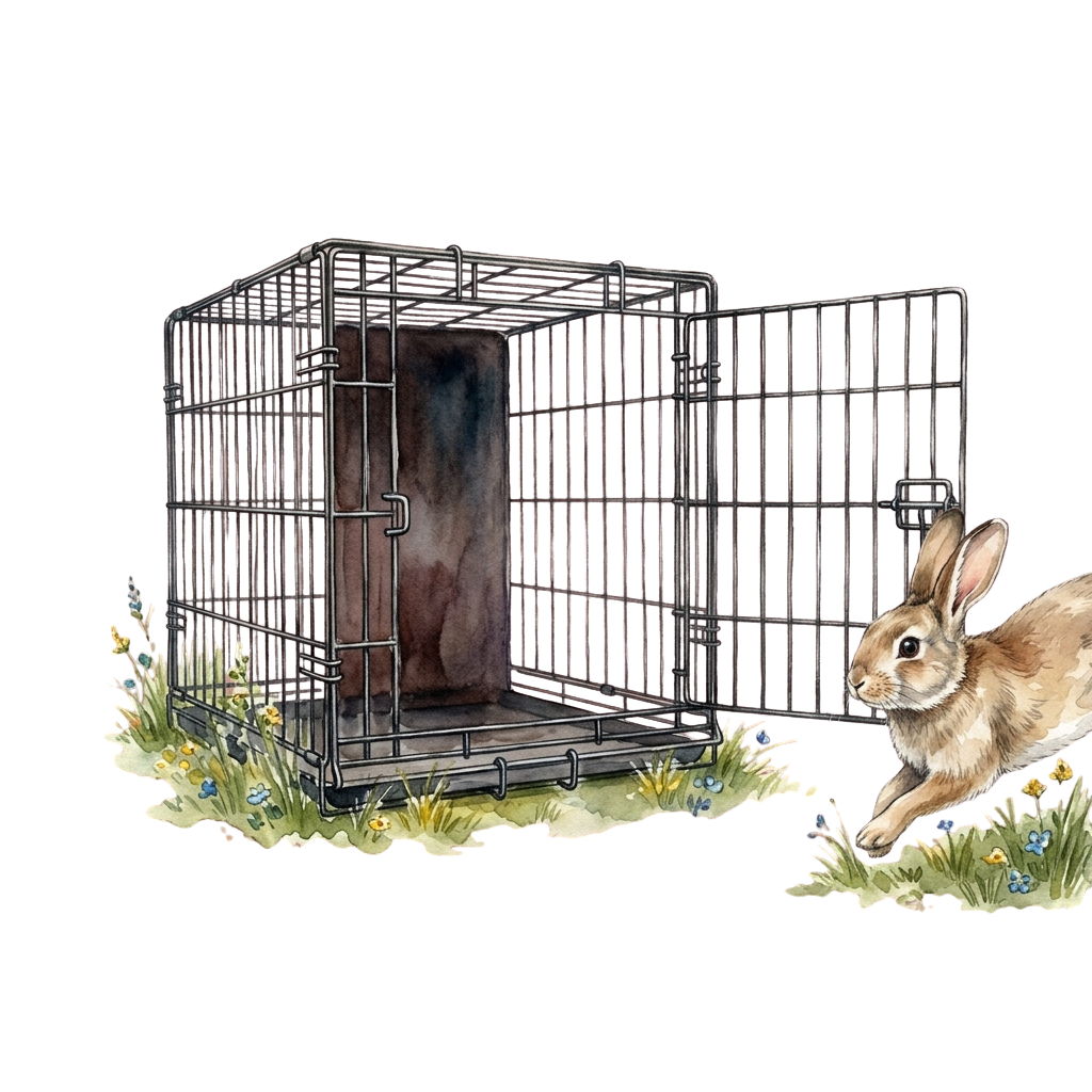 Illustration of a rabbit standing beside a small metal cage with wildflowers around it