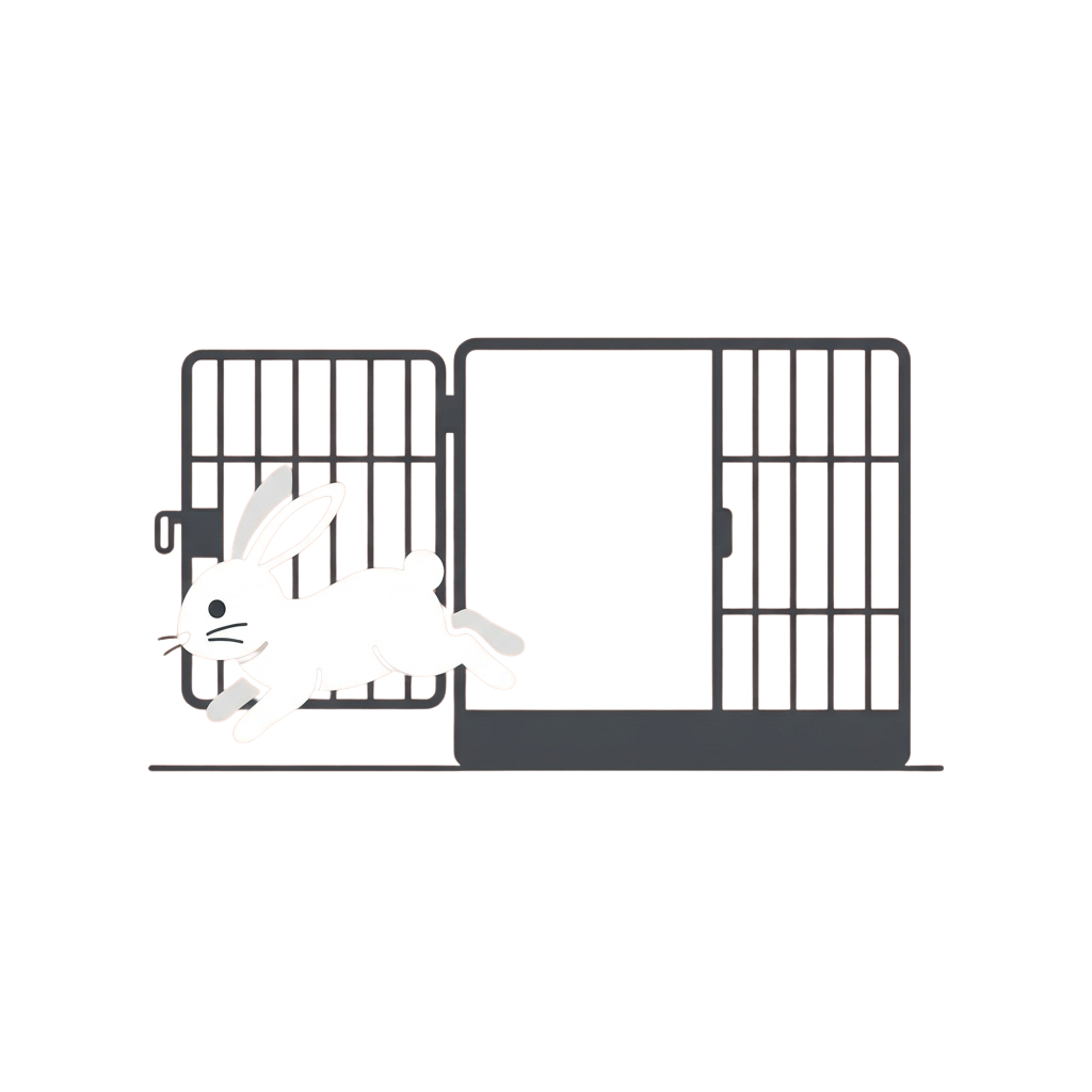 White rabbit mid-jump escaping from a wire cage with an open door