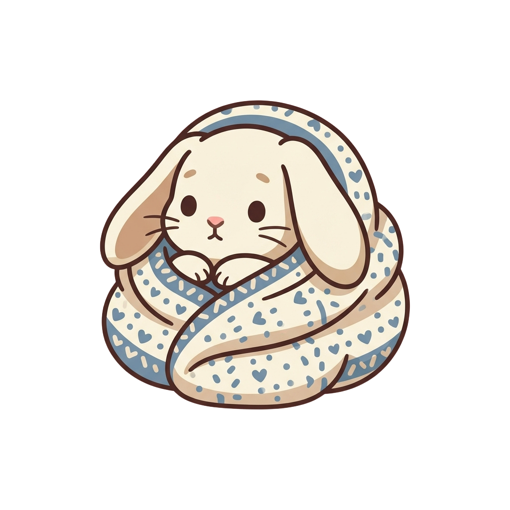 A cartoon bunny wrapped snugly in a light blue and white heart-patterned blanket.