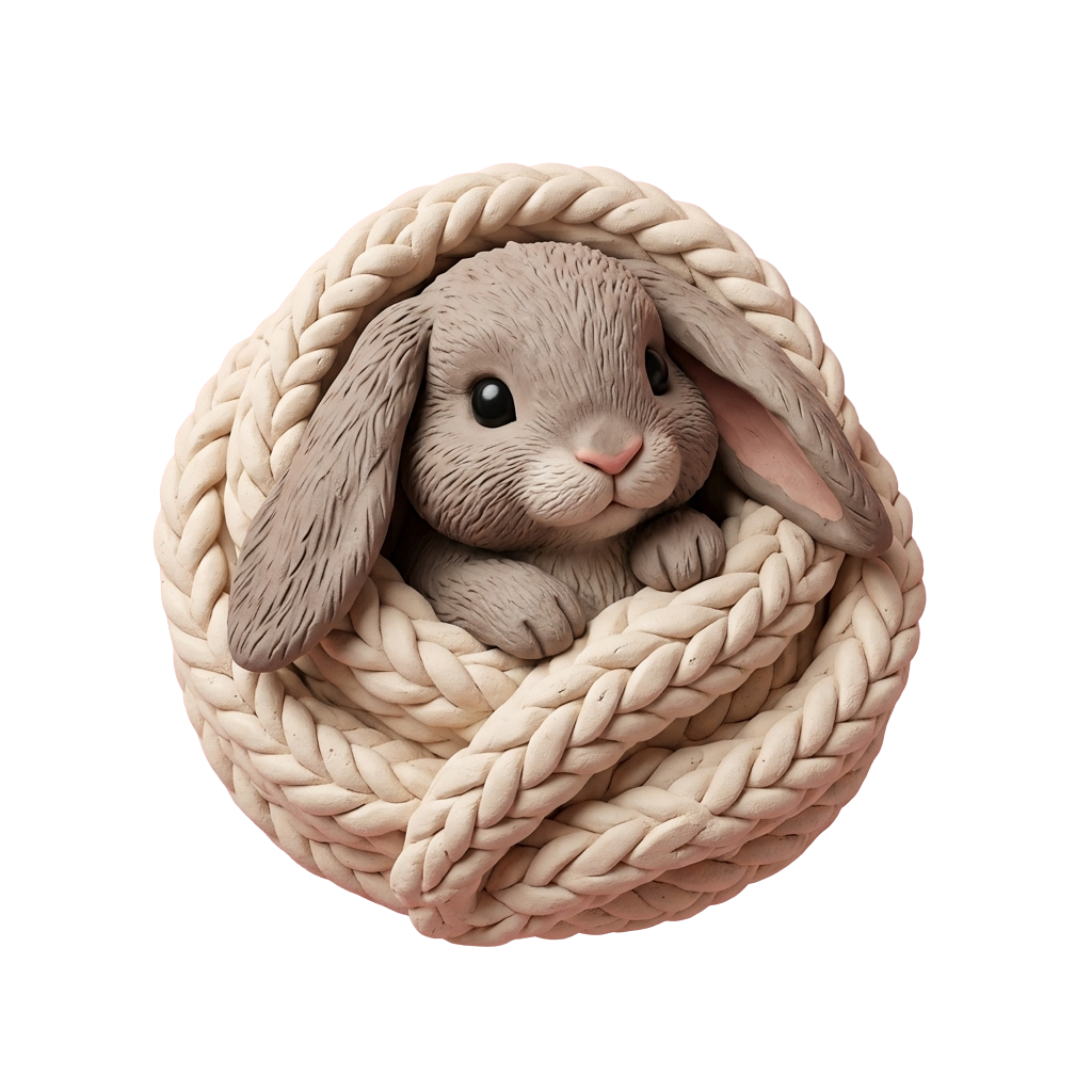 A small plush rabbit toy wrapped in a knitted blanket.