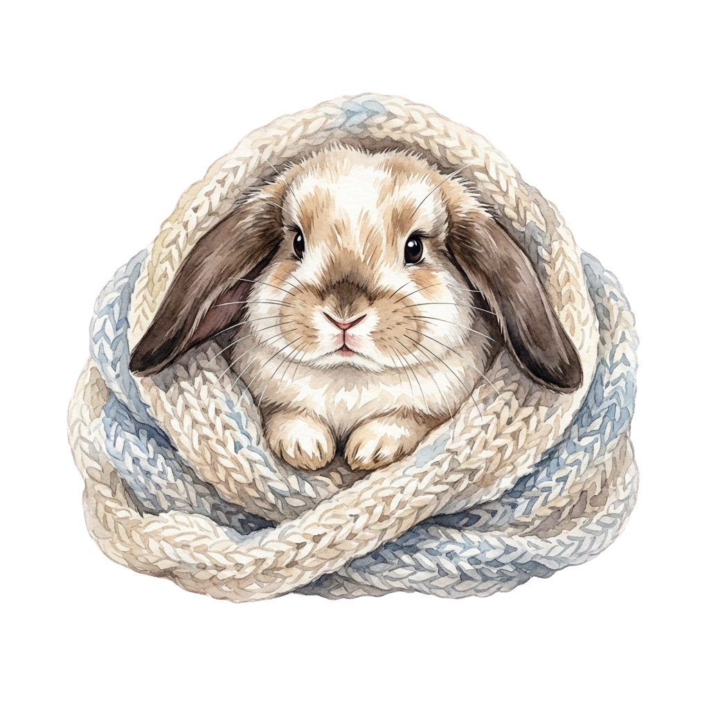 A small rabbit snuggled inside a light-colored knitted scarf with blue-gray accents