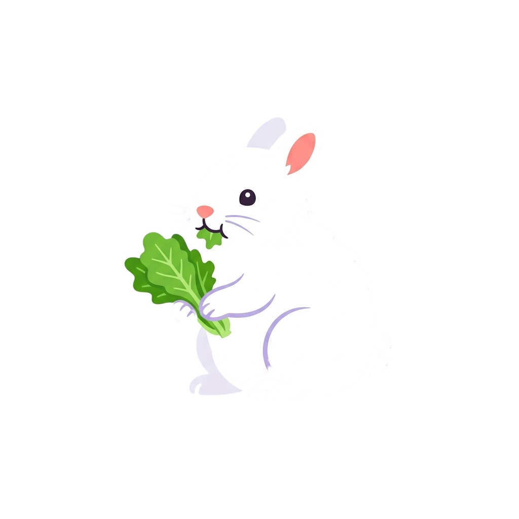 A white cartoon rabbit sitting and eating a green leafy vegetable