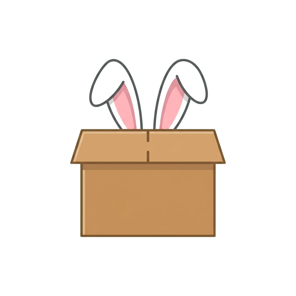 Two cartoon rabbit ears peeking out of an open cardboard box