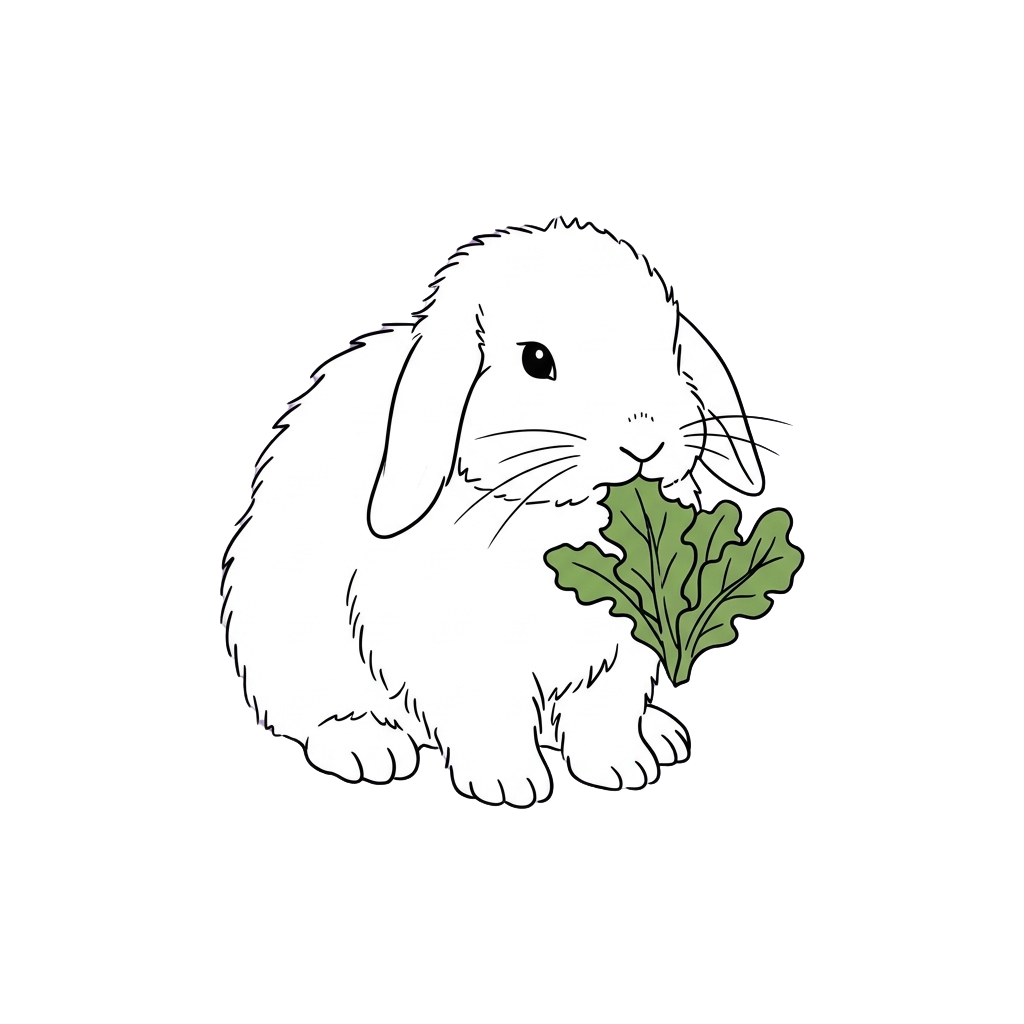 A white rabbit sitting and eating a green leafy vegetable against a black background