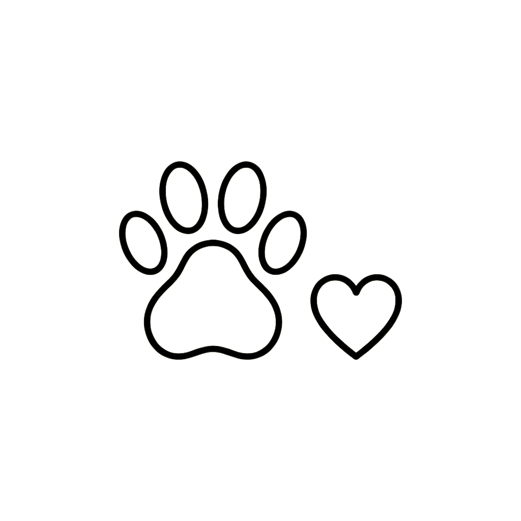 A stylized dog paw print with four toe indentations and a small heart shape beside it