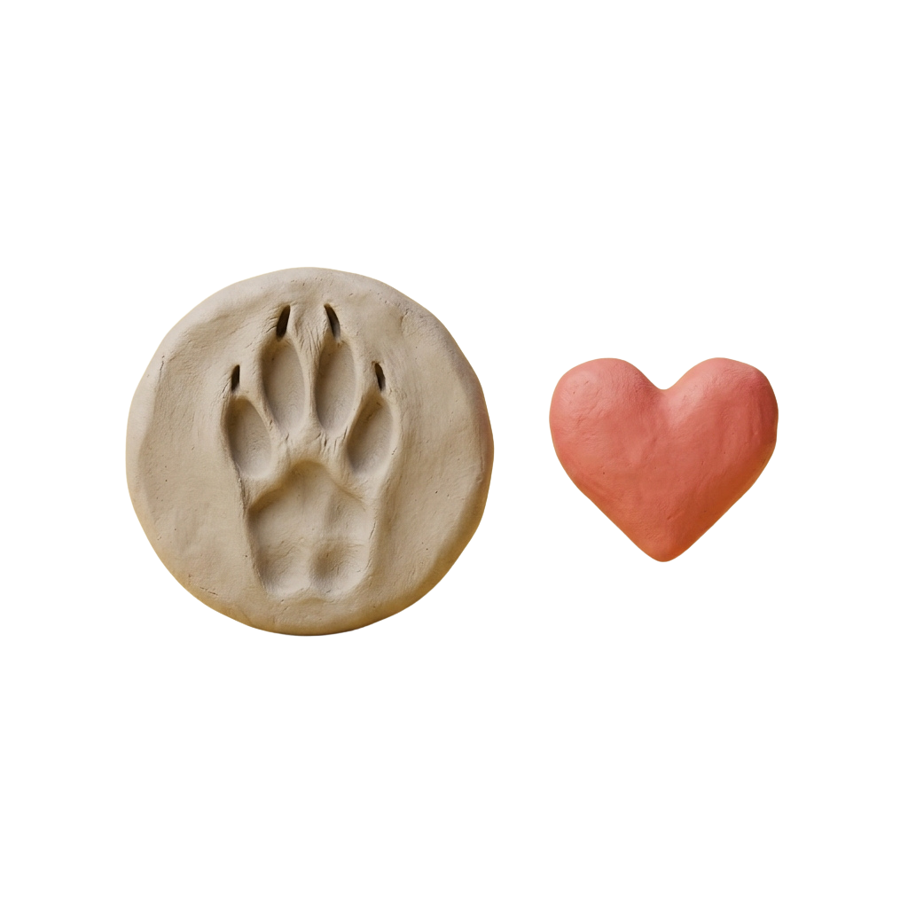 Clay handprint paw shape next to a heart-shaped clay piece on black background