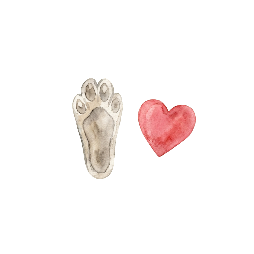 A watercolor paw print next to a red heart on a black background