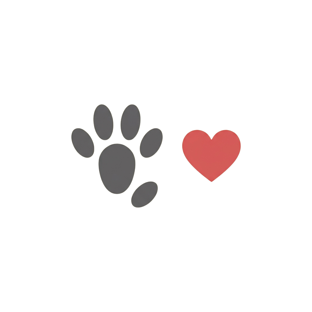 A gray paw print next to a red heart on a black background