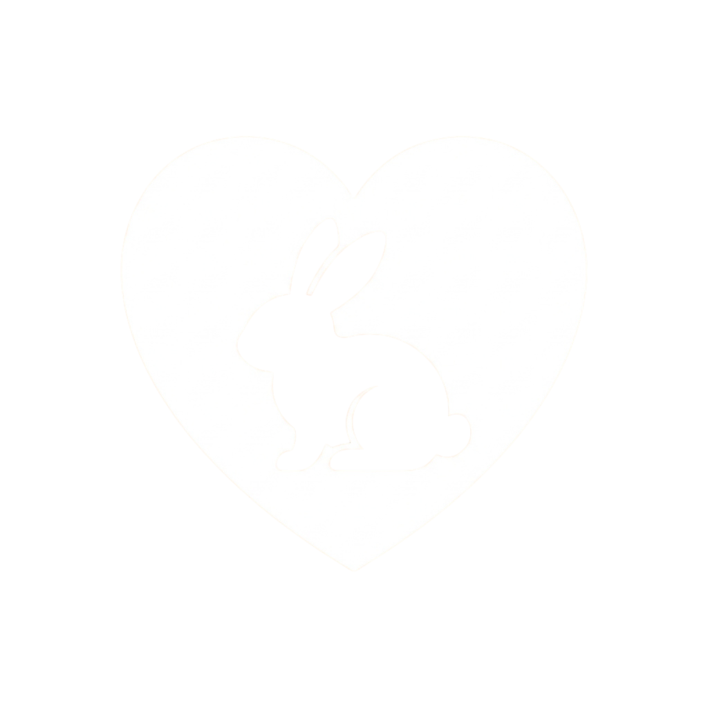 A black silhouette of a sitting rabbit inside a white heart shape on a black background