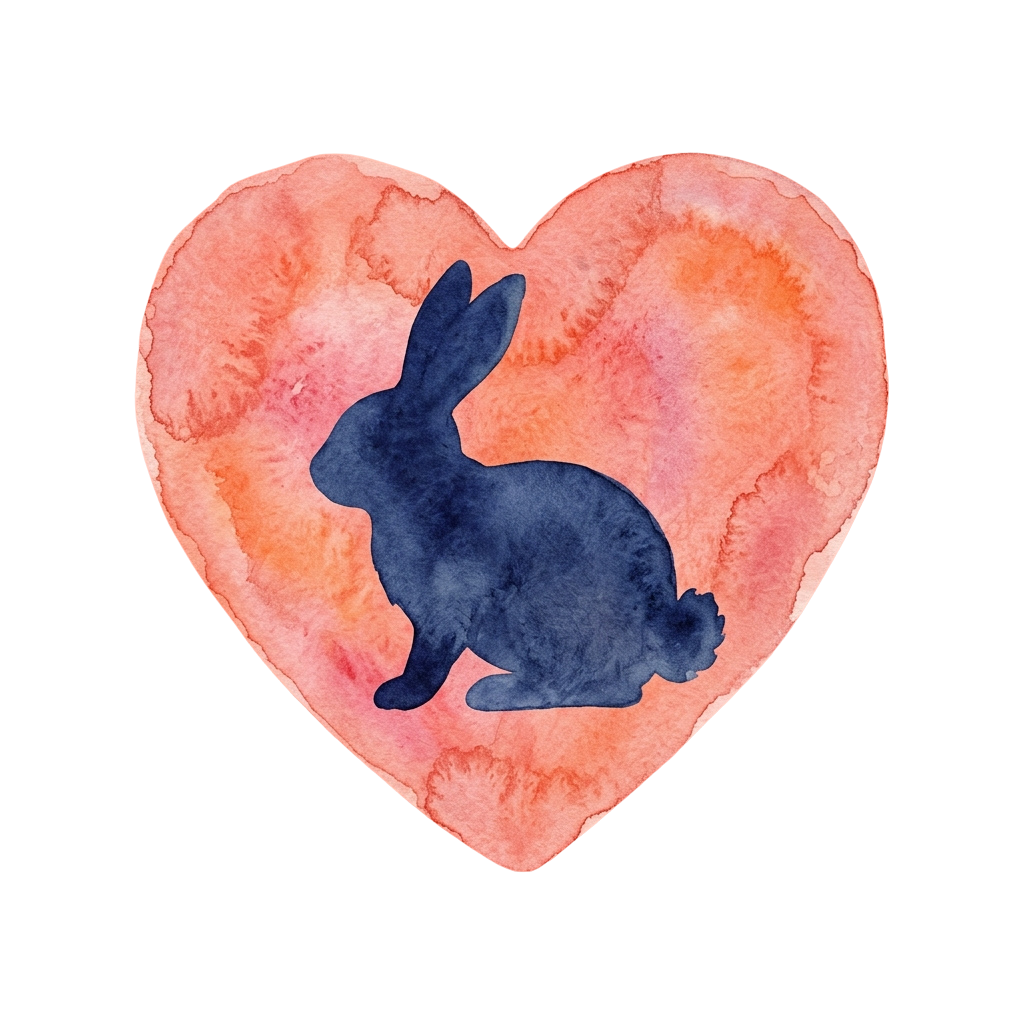 A watercolor heart filled with a dark blue silhouette of a rabbit inside