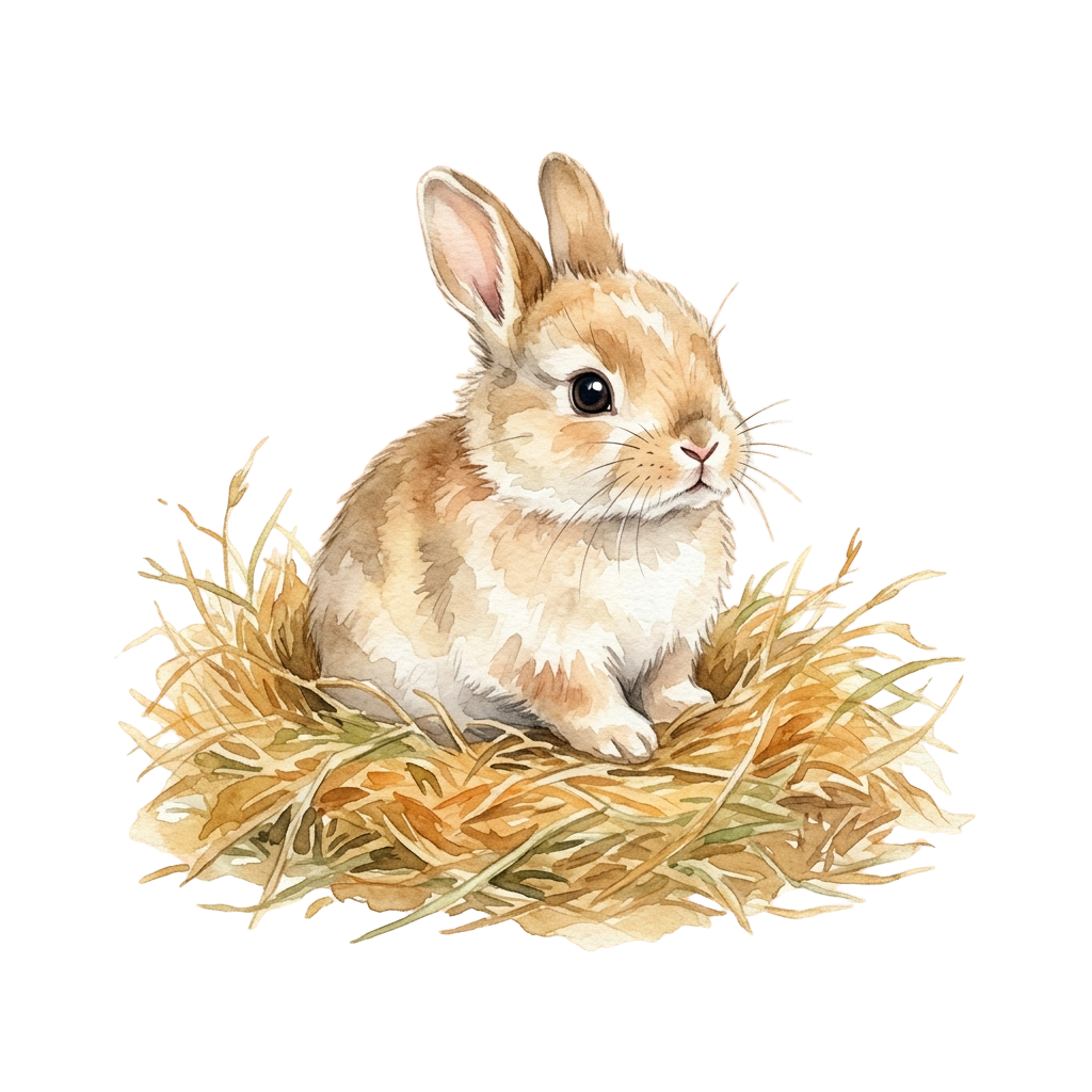 A small light brown rabbit sitting in a nest of hay