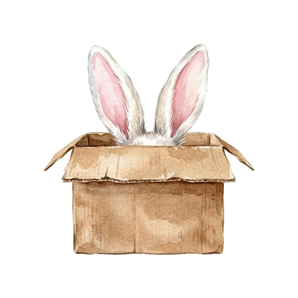 A cartoon rabbit with fluffy white ears peeking out from an open cardboard box