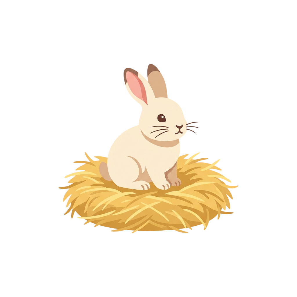 A white rabbit sitting inside a straw nest on a black background