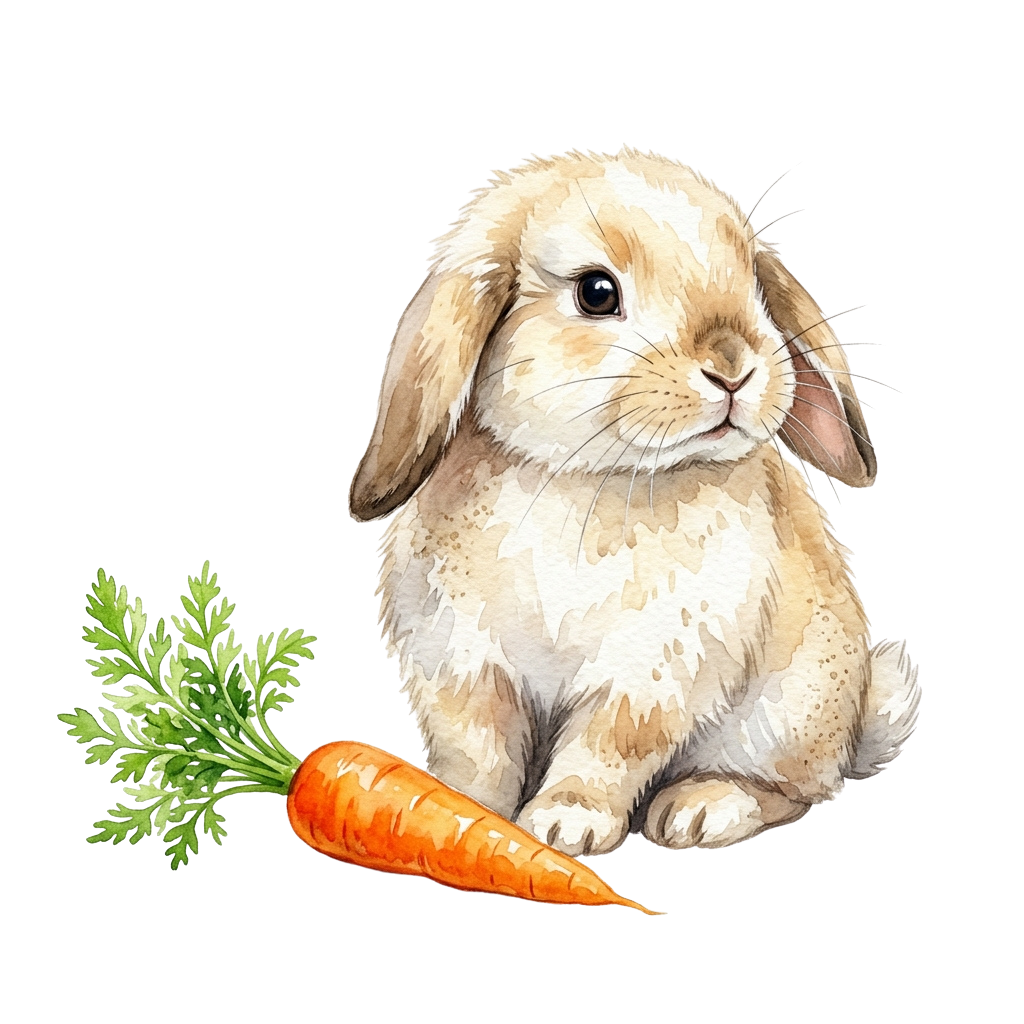 A light brown rabbit sitting next to a bright orange carrot and green parsley on a black background