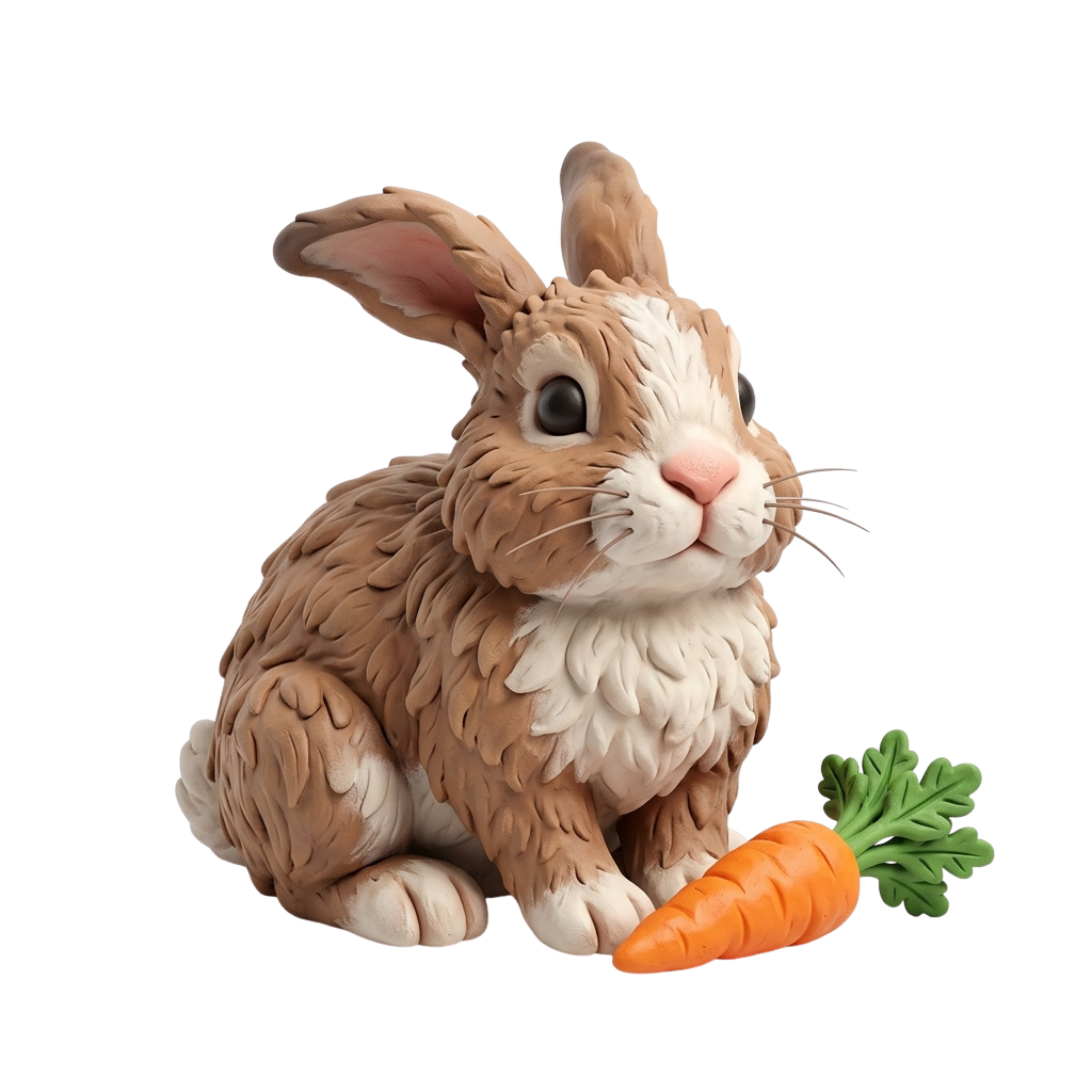 A detailed fondant rabbit model sitting and holding a carrot with green leaves