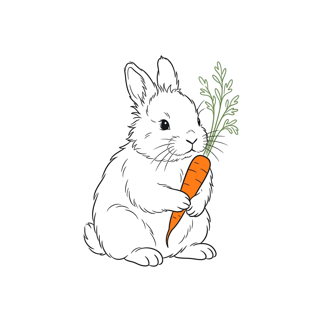 A black silhouette of a rabbit holding a bright orange carrot with green leaves