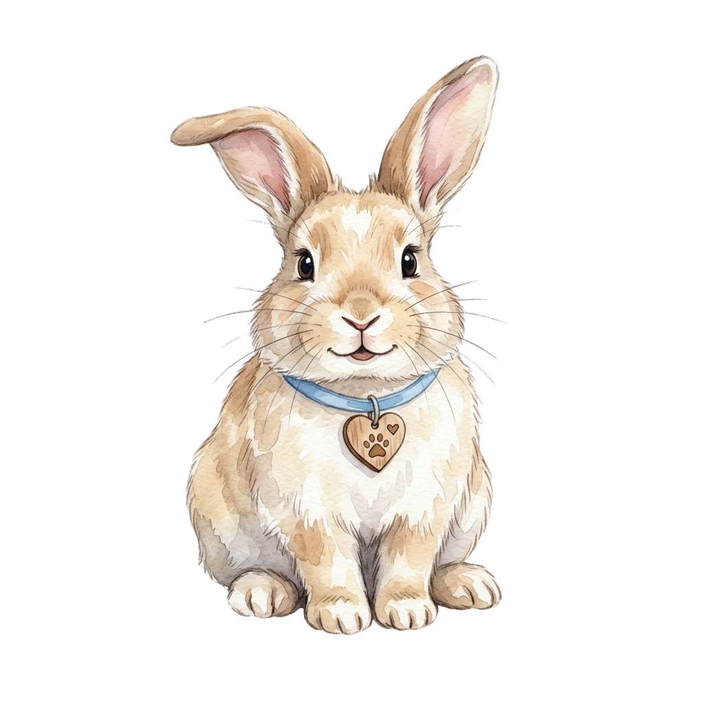 A friendly cartoon rabbit sitting upright with a blue collar and heart-shaped tag