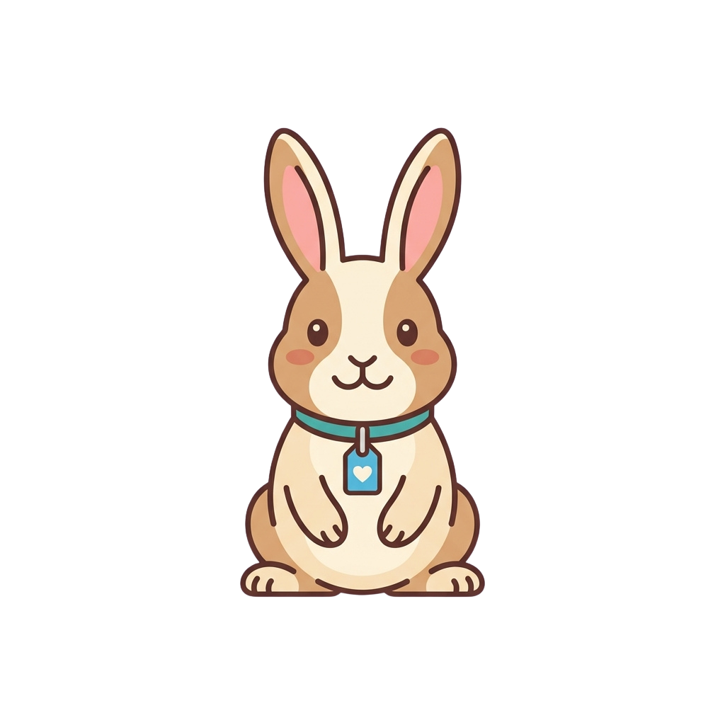 A friendly cartoon rabbit sitting upright with a blue collar and heart-shaped tag