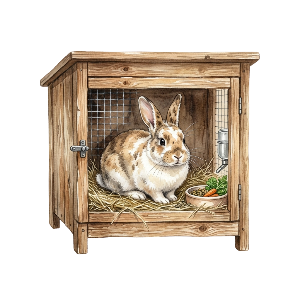 A rabbit sitting inside a wooden cage filled with hay, carrots, and a water bottle