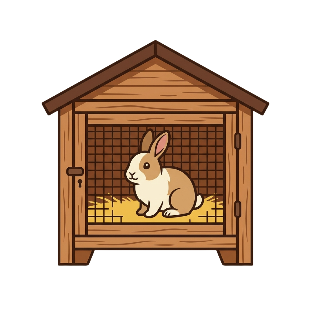 A white rabbit sitting inside a wooden hut with a sloped roof and hay bedding