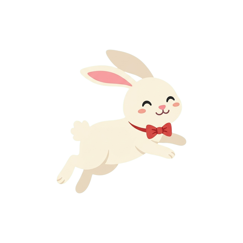 A white cartoon rabbit wearing a red bow jumping mid-air against a black background