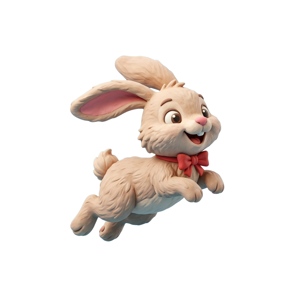 A light beige cartoon rabbit with large ears and a red bow flying happily in mid-air