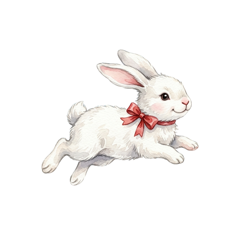 White cartoon rabbit mid-jump wearing a red bow, set against a black background