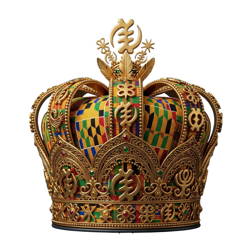 A detailed gold crown featuring intricate designs, colorful Kente cloth, and symbolic embroidery patterns.