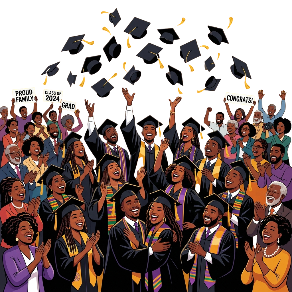 Happy graduates in caps and gowns celebrating with family and friends, holding signs saying Proud Family and Congrats
