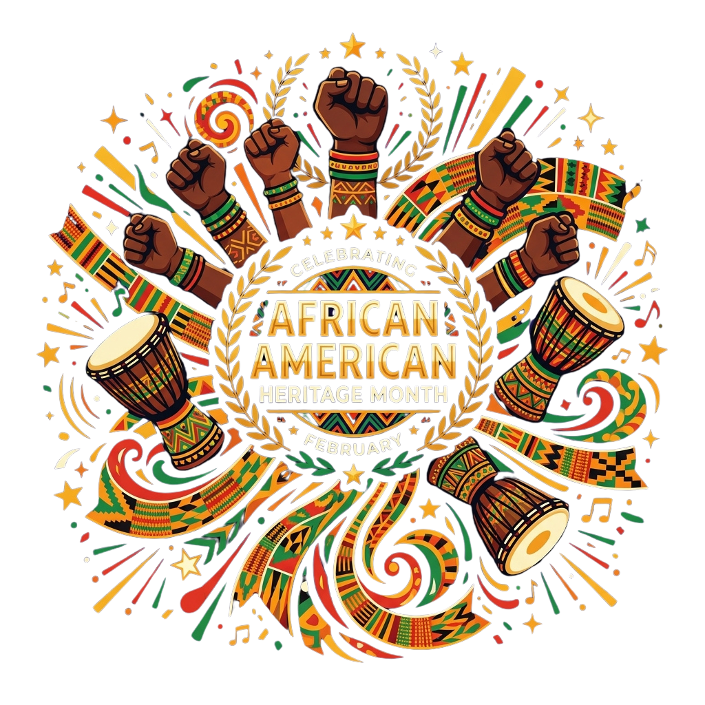 Colorful illustration celebrating African American Heritage Month with raised fists, drums, and musical notes