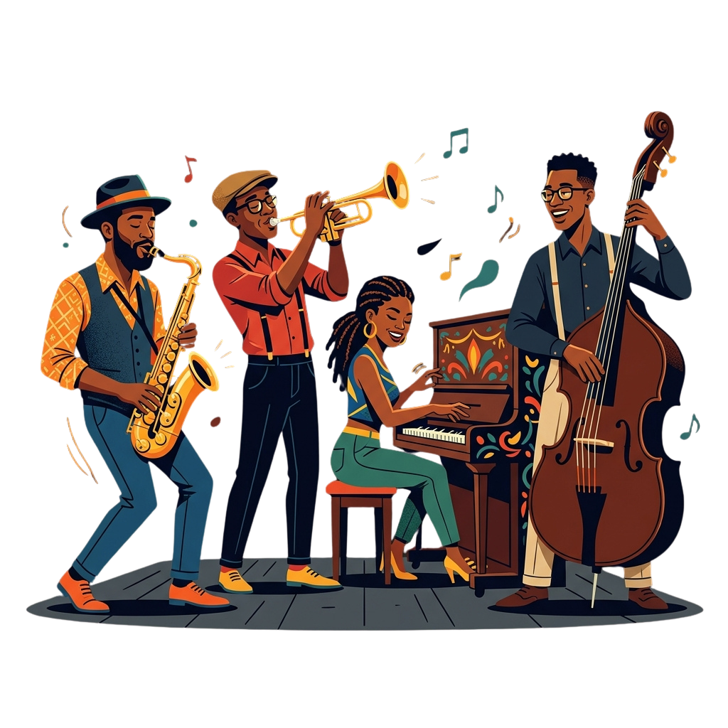 Four musicians performing jazz: saxophonist, trumpeter, pianist, and cellist on a wooden stage