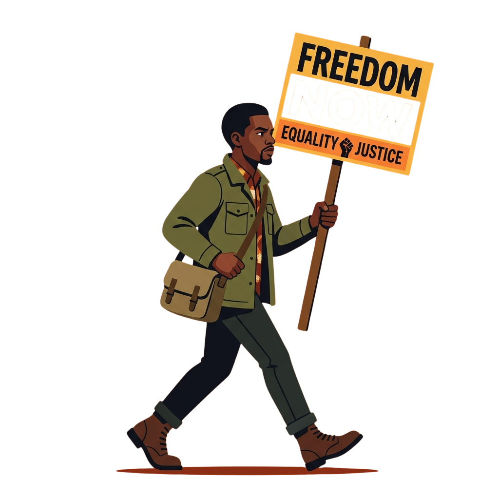 Person holding a sign that reads Freedom Now Equality Justice, marching forward