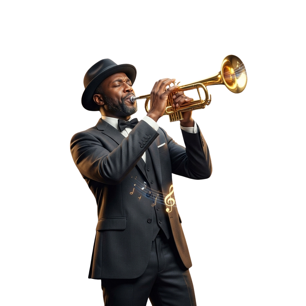 A man in a suit and hat playing a trumpet with musical notes glowing around him