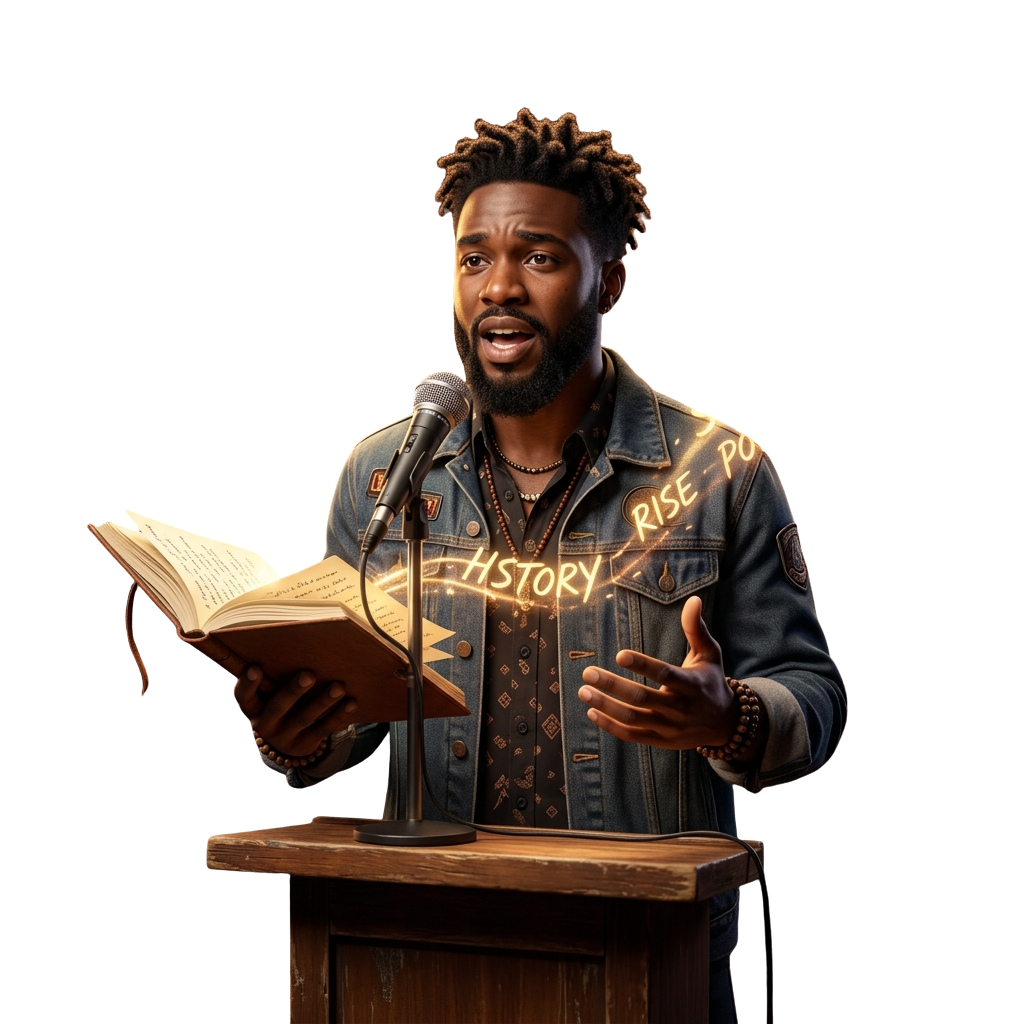 A person standing at a podium reading an open book with glowing text saying Rise and History behind them