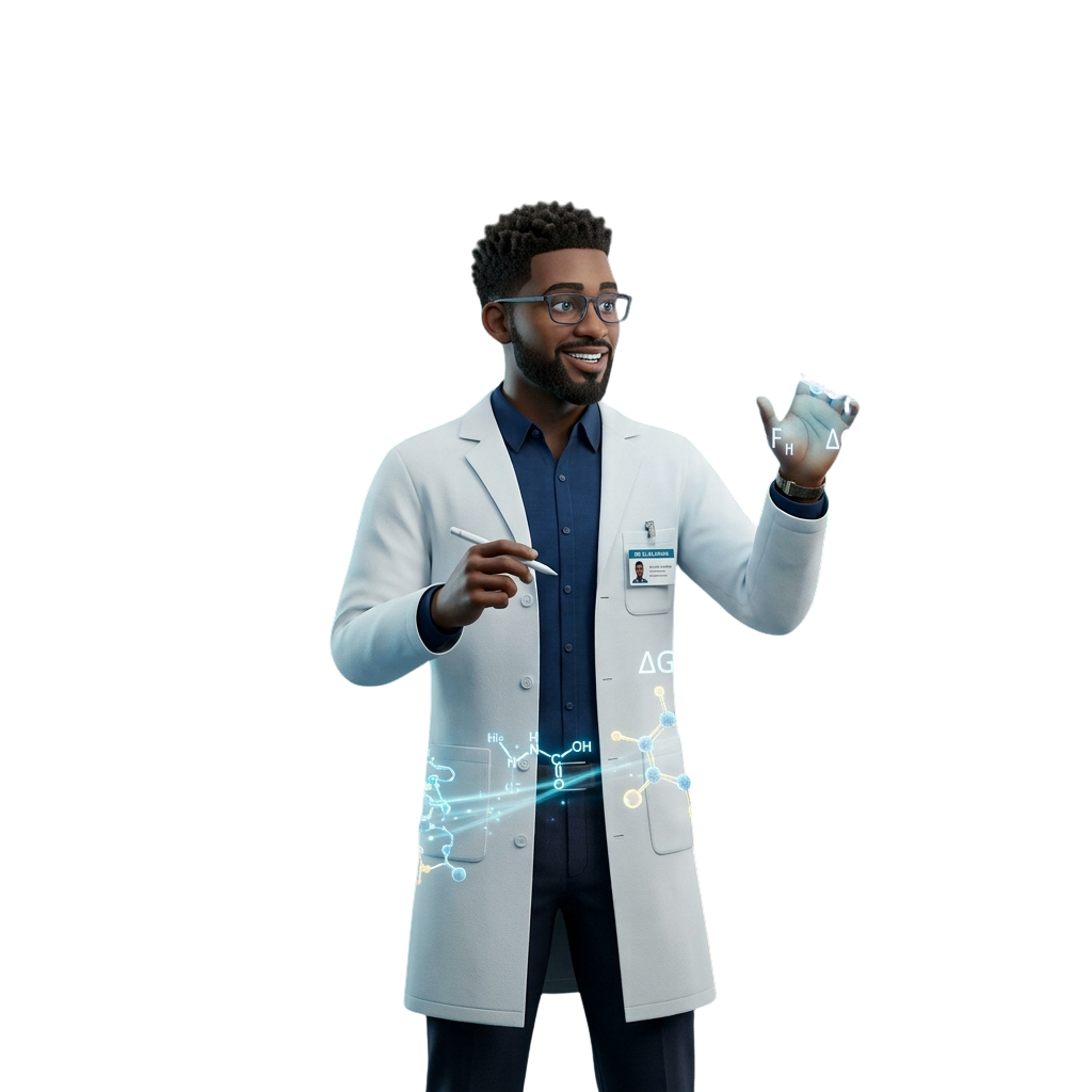 A scientist in a lab coat gesturing towards a glowing molecular structure hologram.