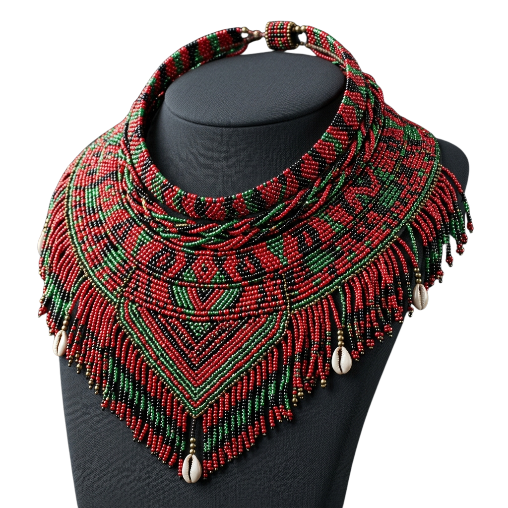A beaded necklace featuring red, green, and black patterns with fringe and cowrie shell accents on a mannequin bust.