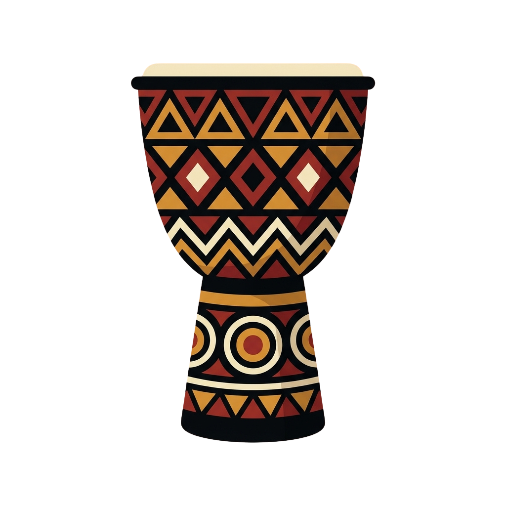 A tall ceramic vessel with intricate geometric patterns in red, black, and beige colors