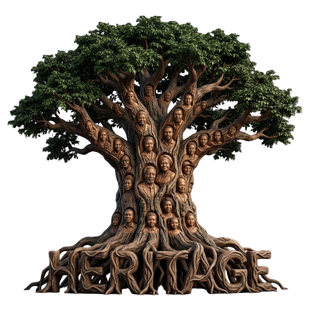 A tree with carved faces representing diverse individuals, symbolizing heritage and ancestry.