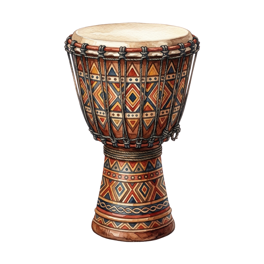Decorative hand drum featuring vibrant geometric designs and a woven rope trim around the top.