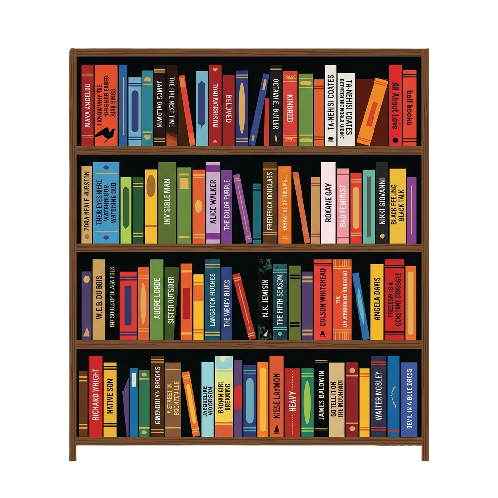 Illustrated bookshelf displaying colorful book covers with various book titles arranged in rows