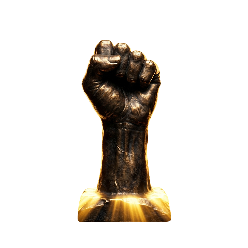 A bronze statue of a clenched fist on a glowing base against a dark background
