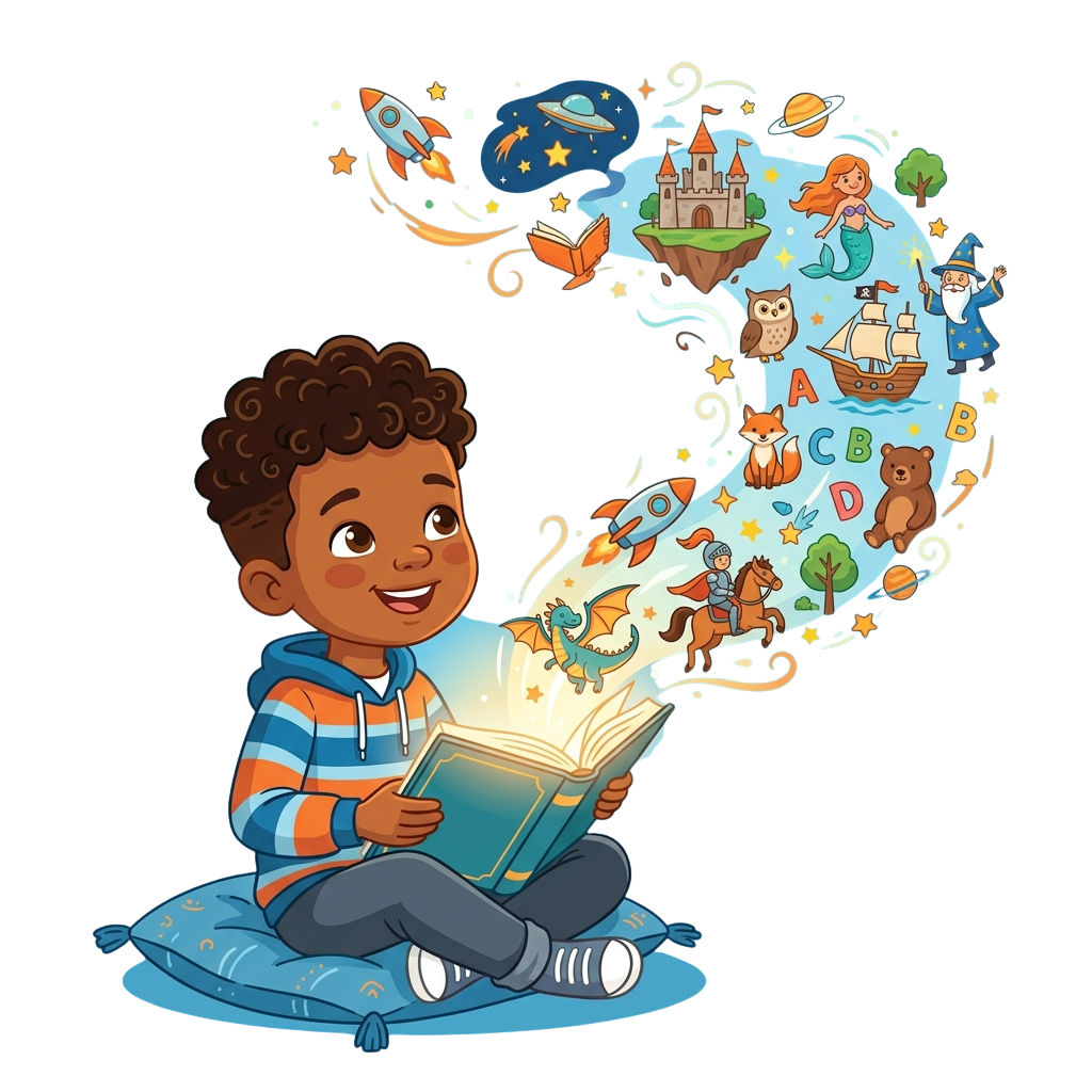 Happy child reading an open book with colorful fantasy images and characters emerging from the pages.