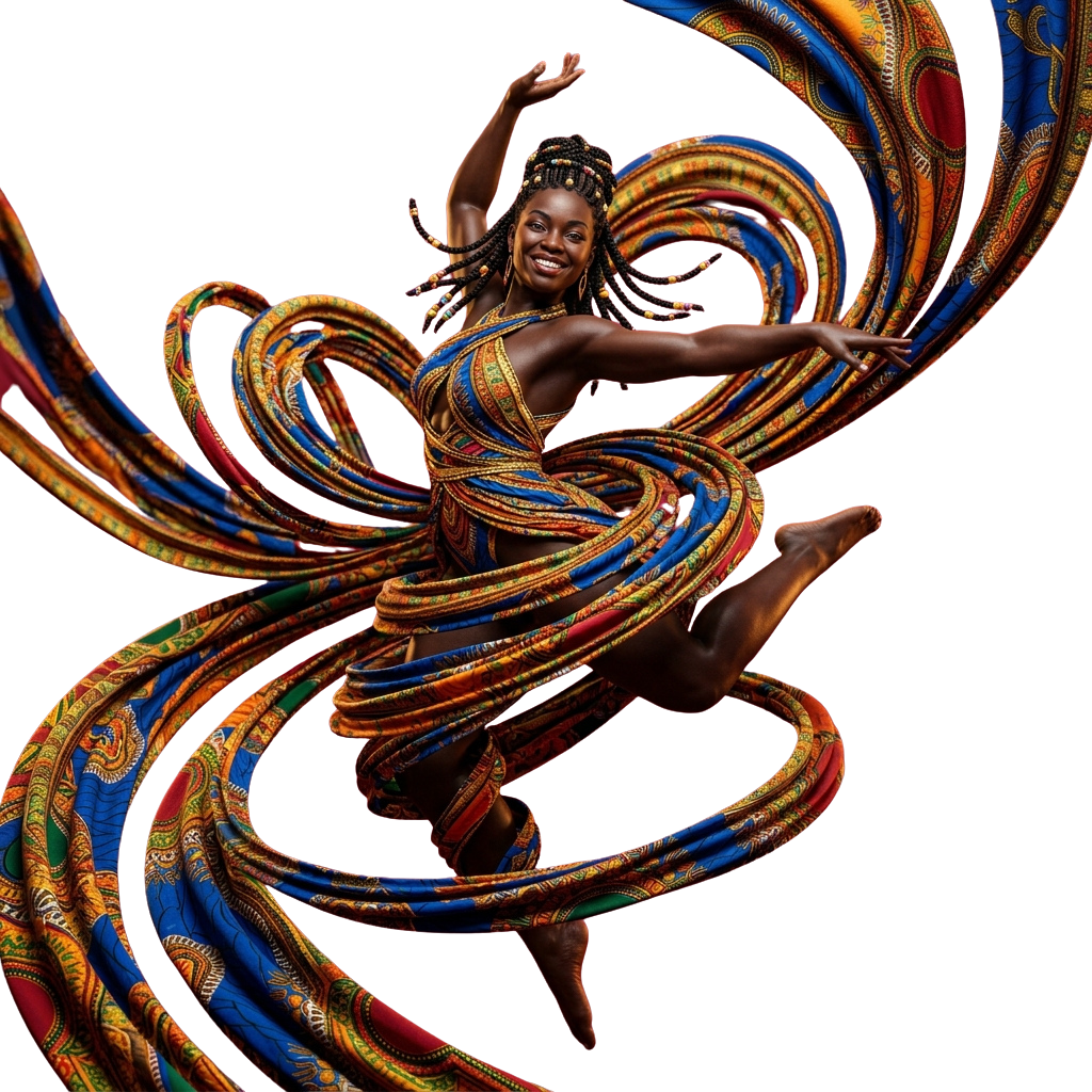 Person in dynamic pose wearing an ornate, colorful African-inspired dance costume with swirling fabric patterns.