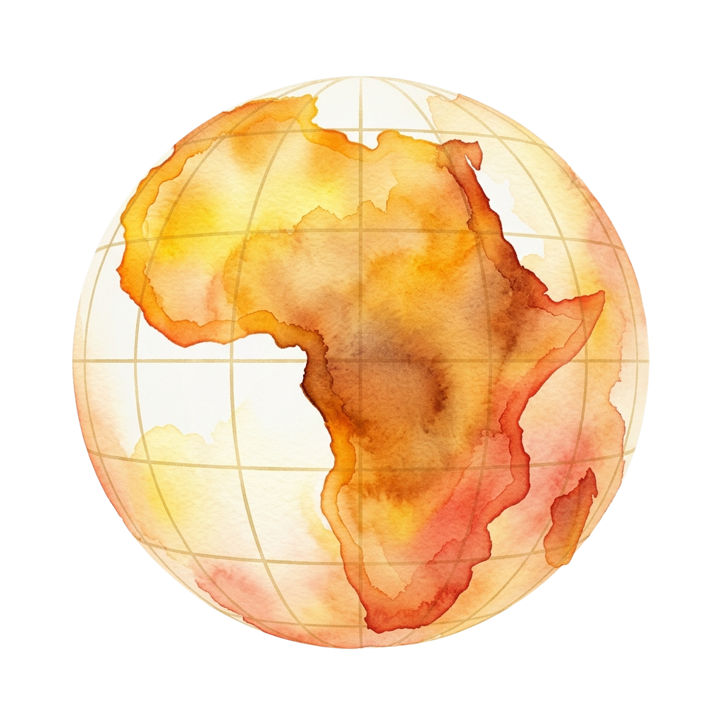 Watercolor illustration of Africa on a globe with a grid overlay, featuring warm earthy tones