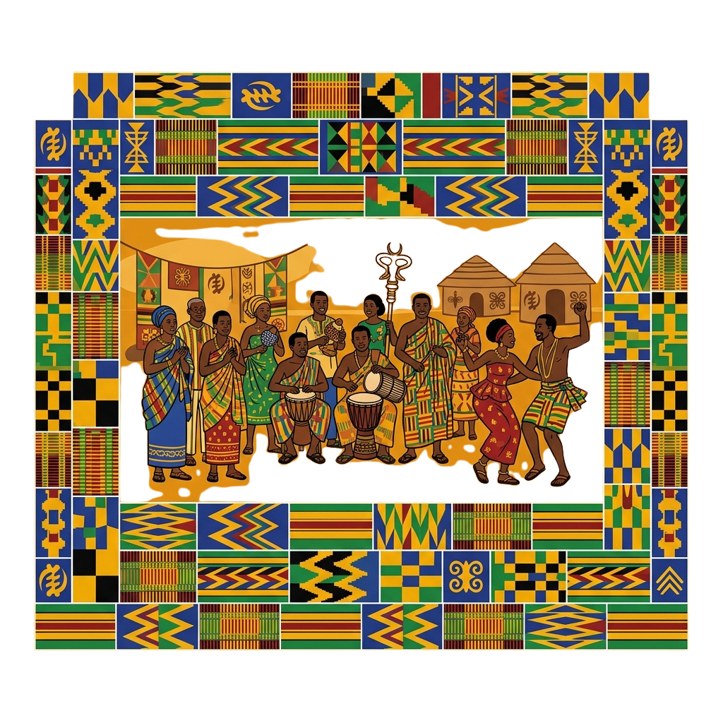 Vibrant illustration of a group of people dancing and drumming in traditional African attire surrounded by intricate patterns