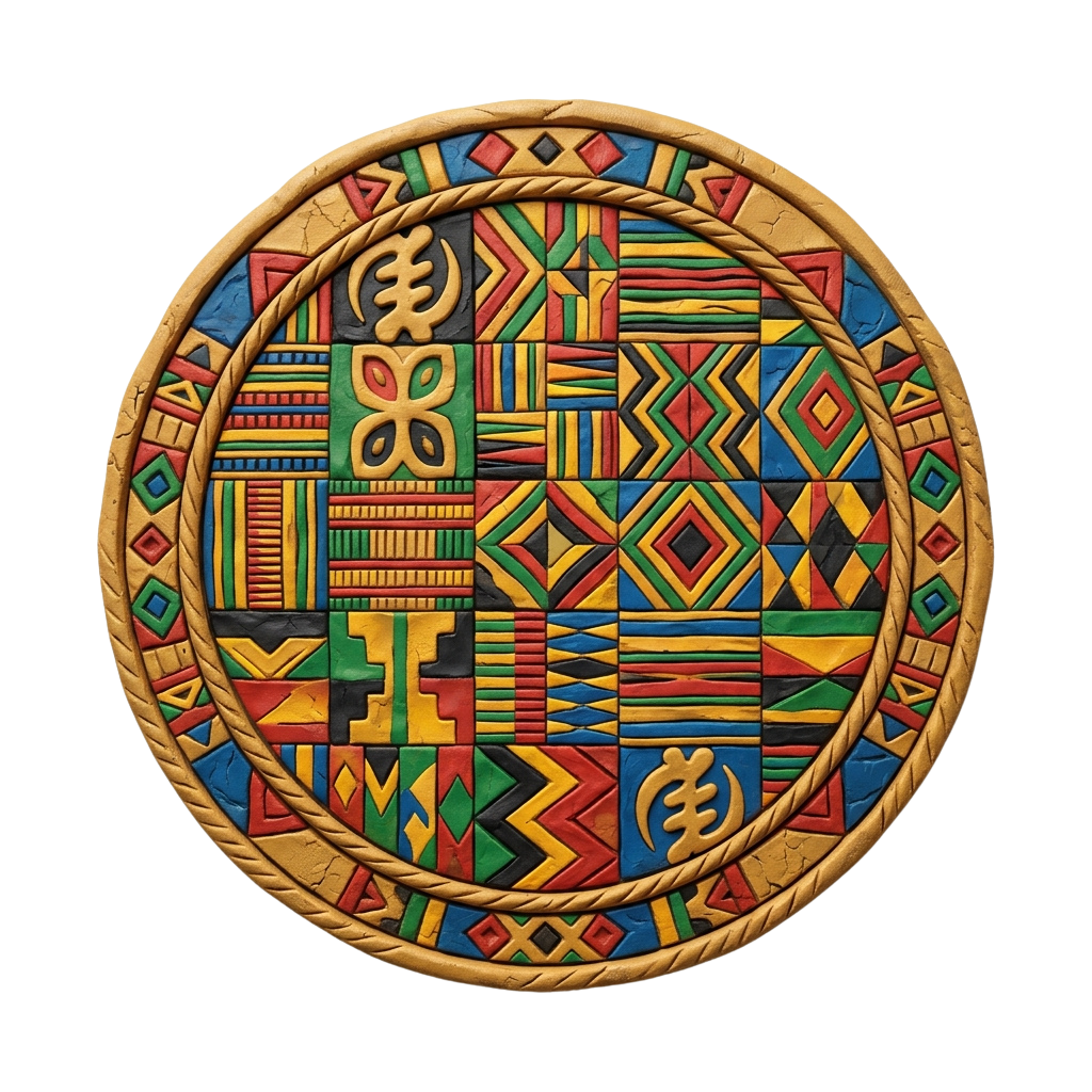 Round decorative plate featuring vibrant African Adinkra symbols and geometric patterns in red, green, yellow, and blue.