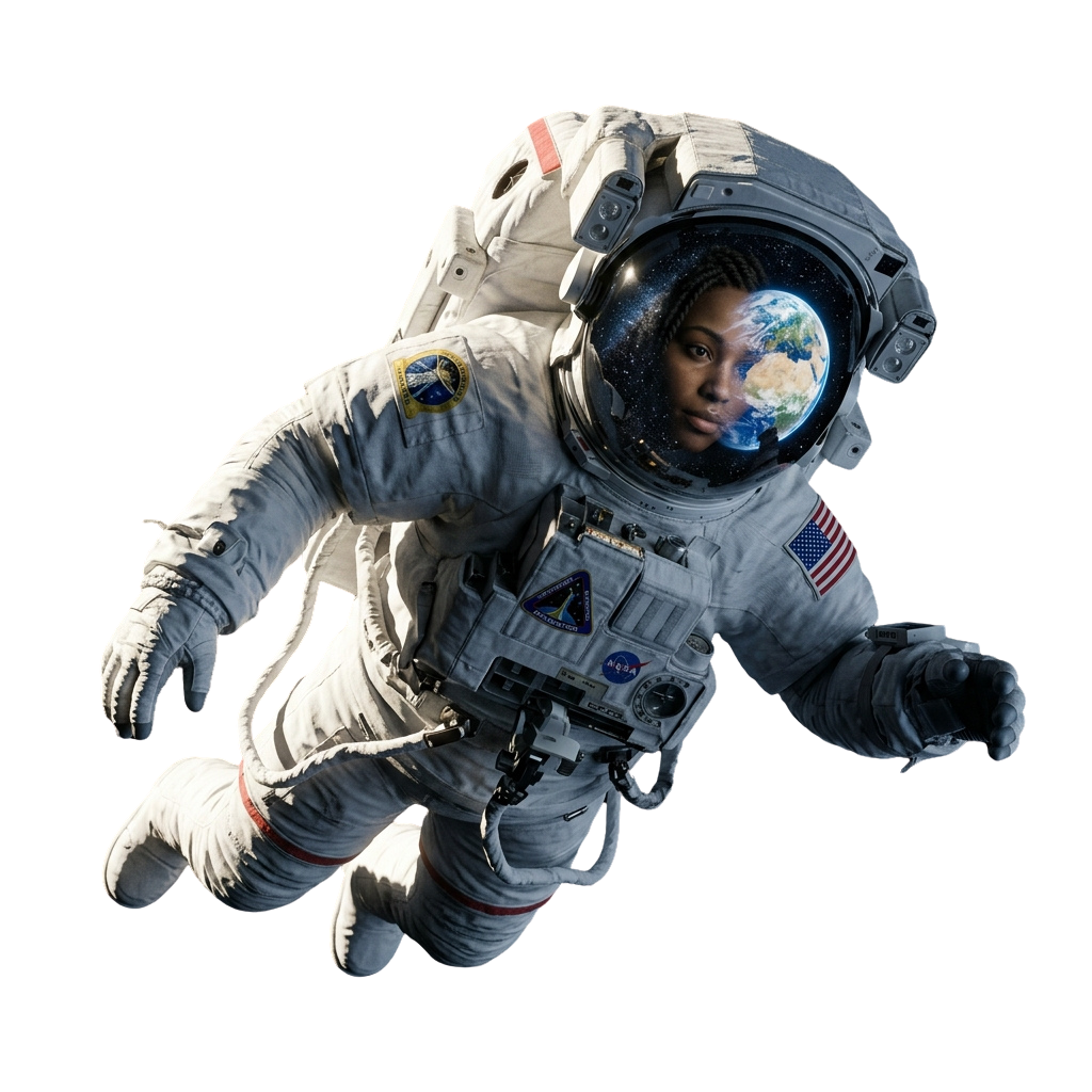 An astronaut in a white spacesuit floating in space with Earth visible through the helmet visor